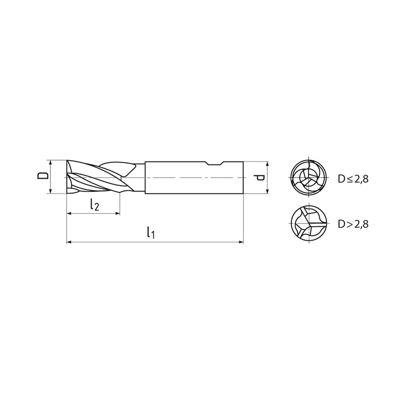 Ujjmaró, mini, 3 élű, 30°, rövid, HSS-E-Co8, TiAlN, Weldon, ZPS 160418